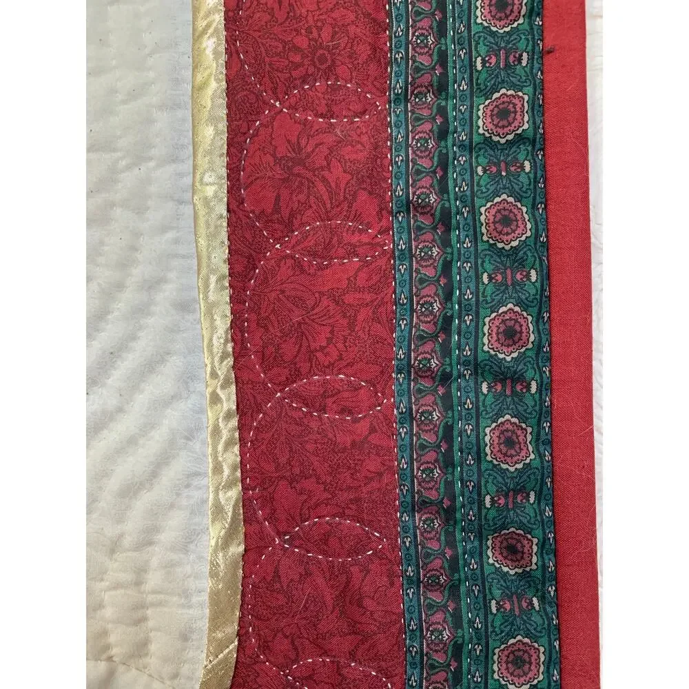 1996 Vintage Appliqué Quilted Block Old World Santa Wall Hanging With Rod 33x21